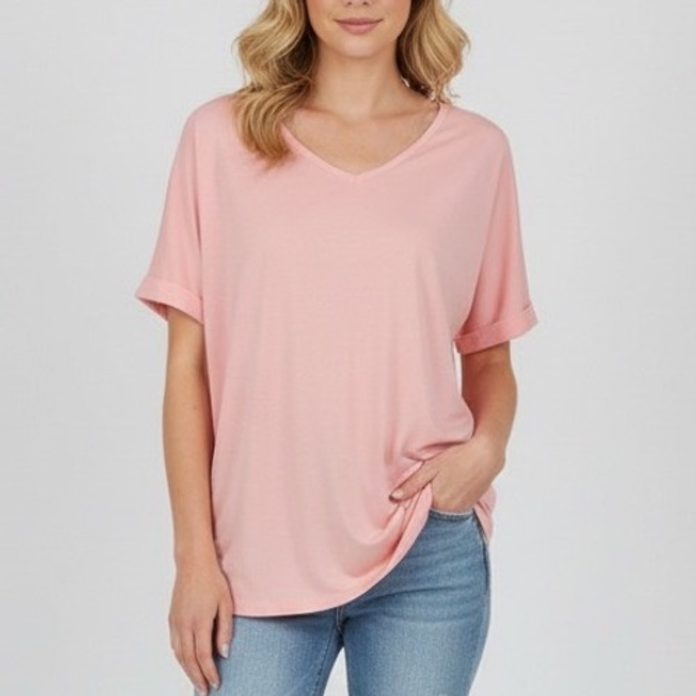 EADINVE Coral Pink V Neck‎ Dolman Sleeve T Shirt Women's Size L